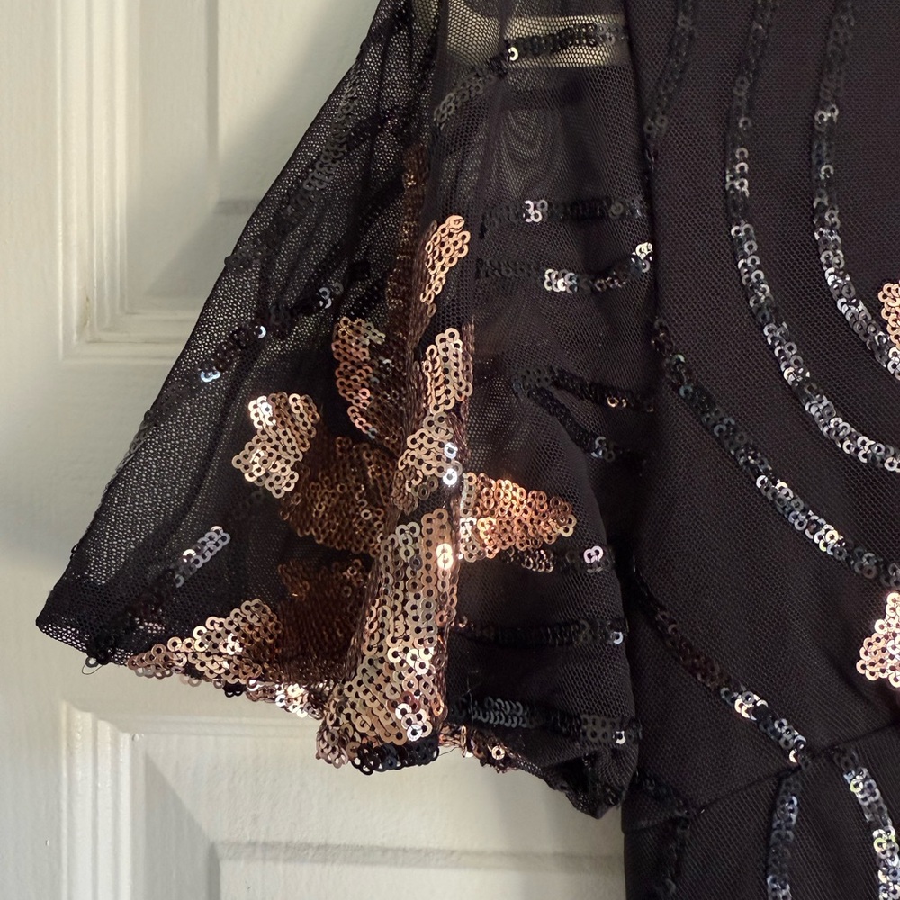 Baltic Born Muse Sequin Maxi Dress Black Rose Gold Flutter Sleeve Size 4 - Picture 5 of 11